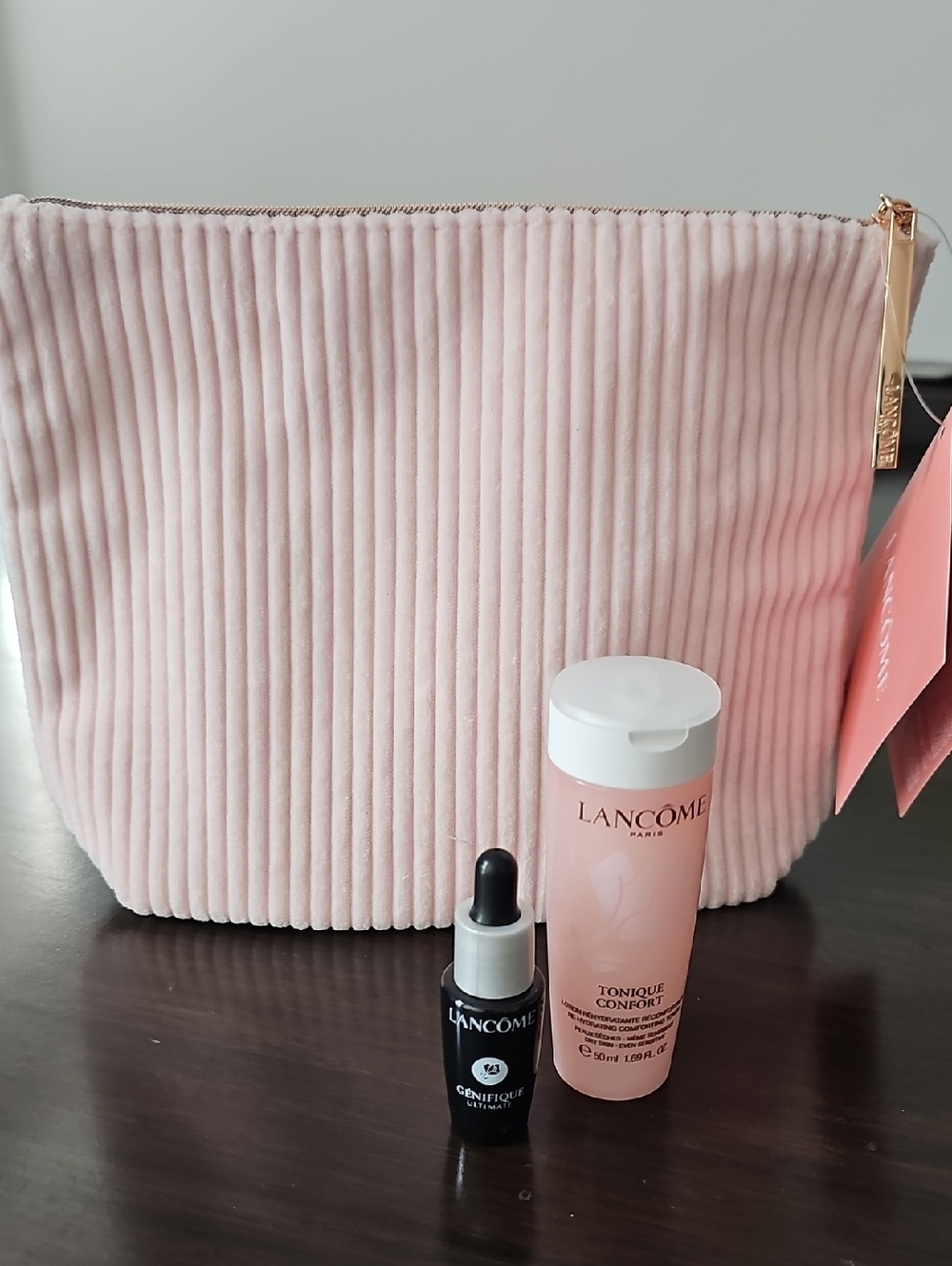 Lancôme Pale Pink Ribbed Velvet Cosmetic Pouch with Genifique Serum And Toner